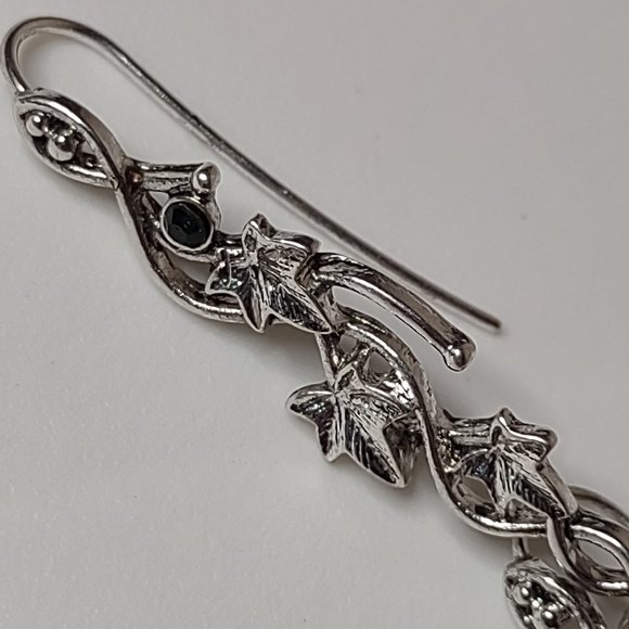 Long Silver Tone Leaf Earrings With Green Stone - Picture 7 of 14